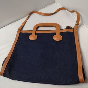 Vintage LL Bean Canvas Leather Handle Briefcase Bag Navy Tan Bag MM